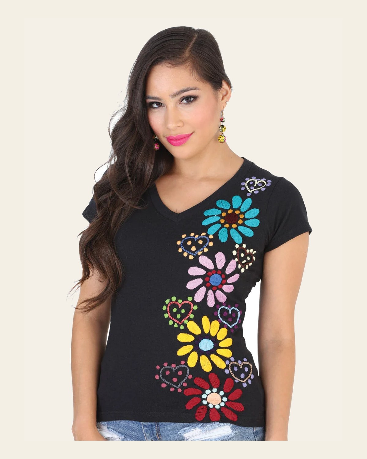 Artisanal Embroidered Sport T-Shirt 50% Cotton 50% Polyester Black 601986 on a warm cream background