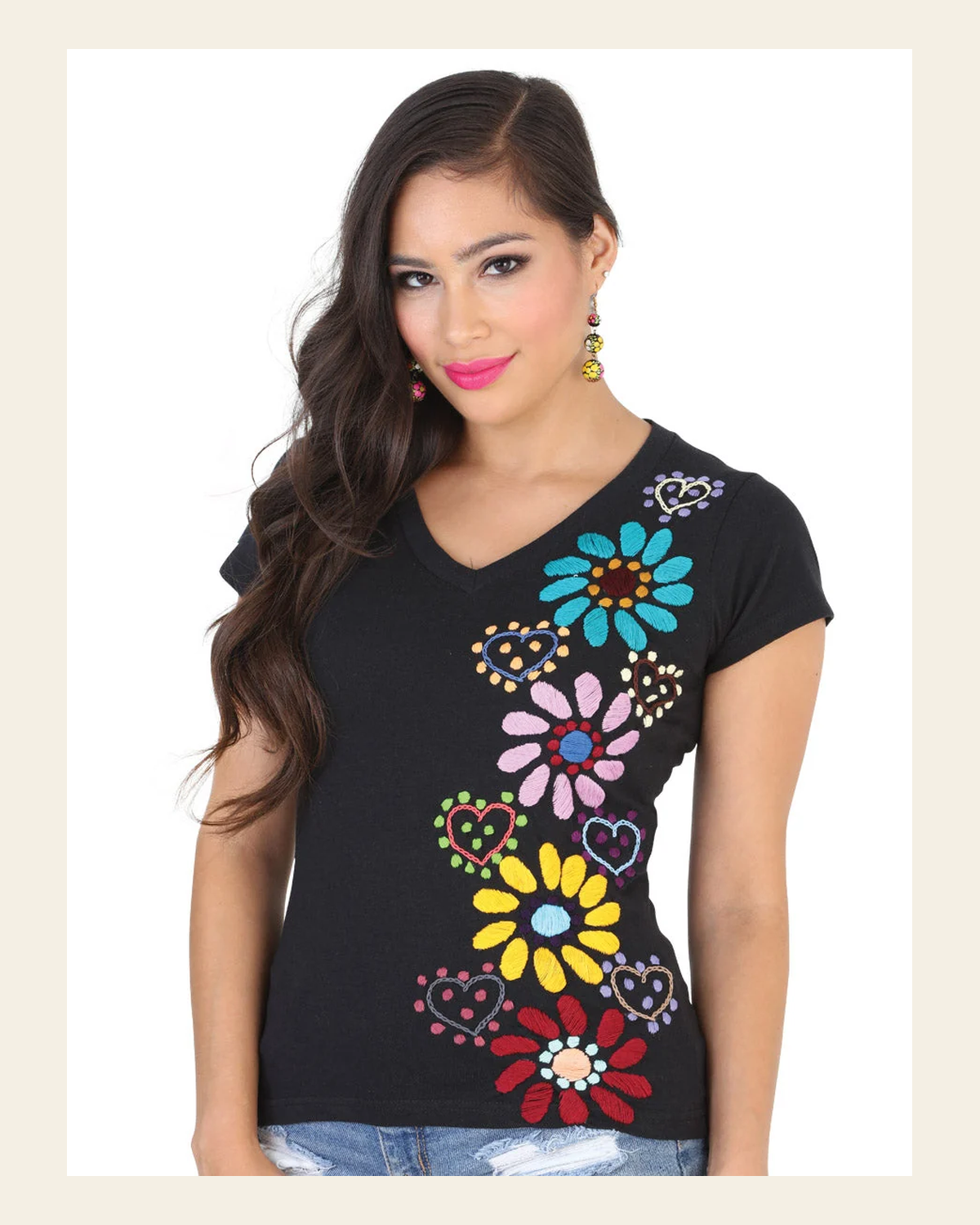 Artisanal Embroidered Sport T-Shirt 50% Cotton 50% Polyester Black 601986 on a warm cream background