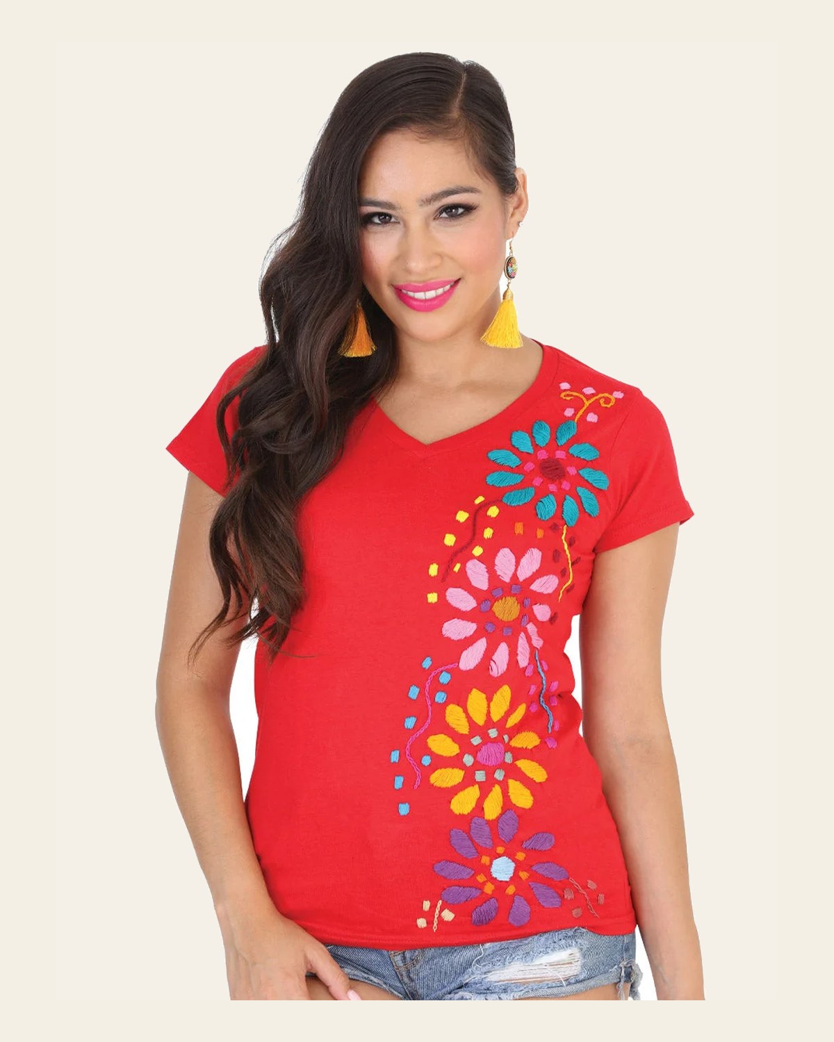 Artisanal Embroidered Sport T-Shirt 50% Cotton 50% Polyester Red 601988 on a warm cream background