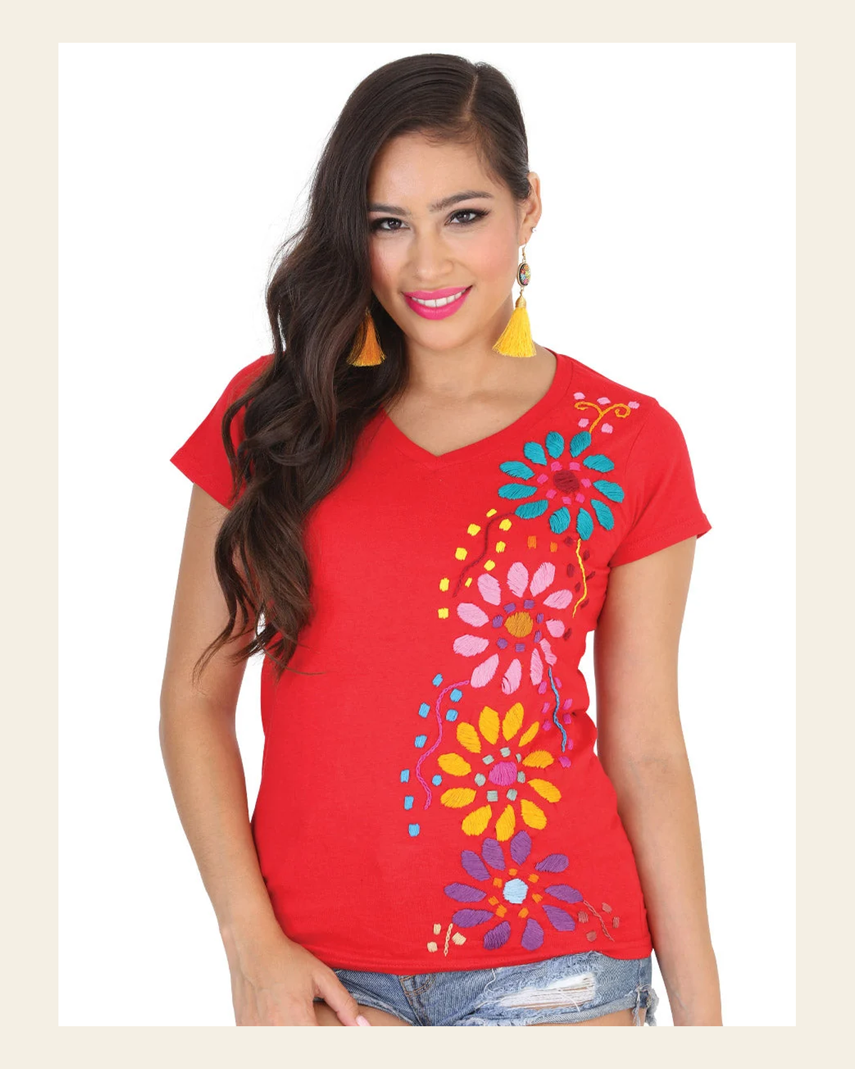 Artisanal Embroidered Sport T-Shirt 50% Cotton 50% Polyester Red 601988 on a warm cream background