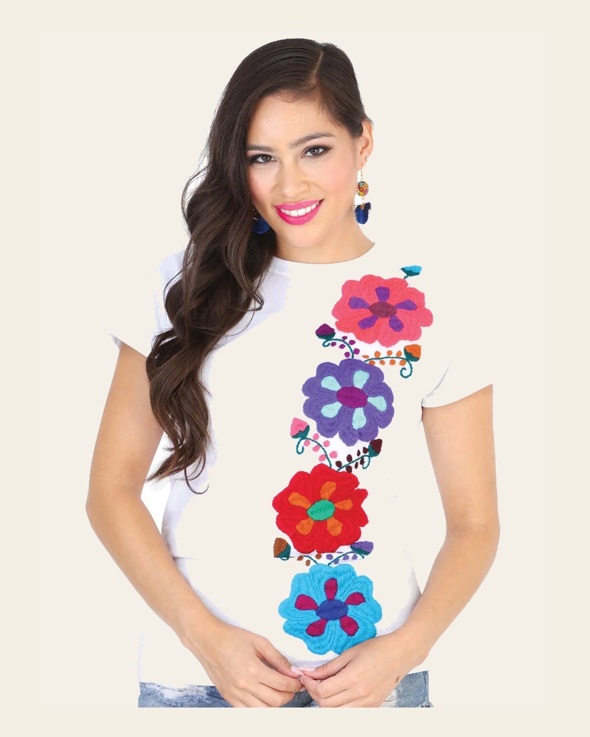 Artisanal Embroidered Sport T-Shirt 50% Cotton 50% Polyester White 601987 on a warm cream background