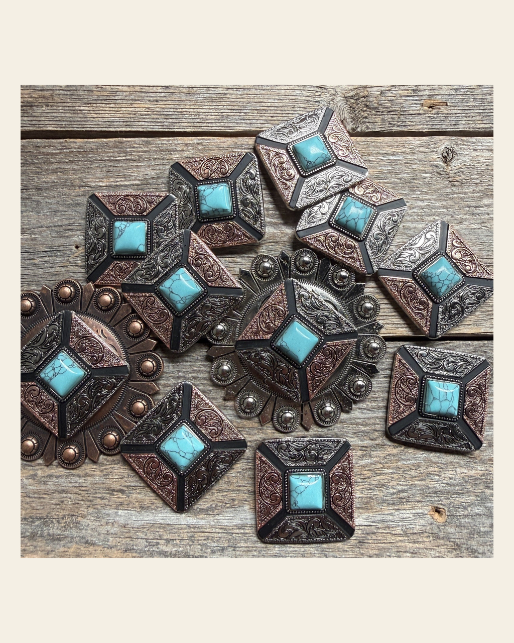 Square Antique Silver and Copper Turquoise Concho #W269 on a warm cream background