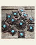 Square Antique Silver and Copper Turquoise Concho #W269 on a warm cream background