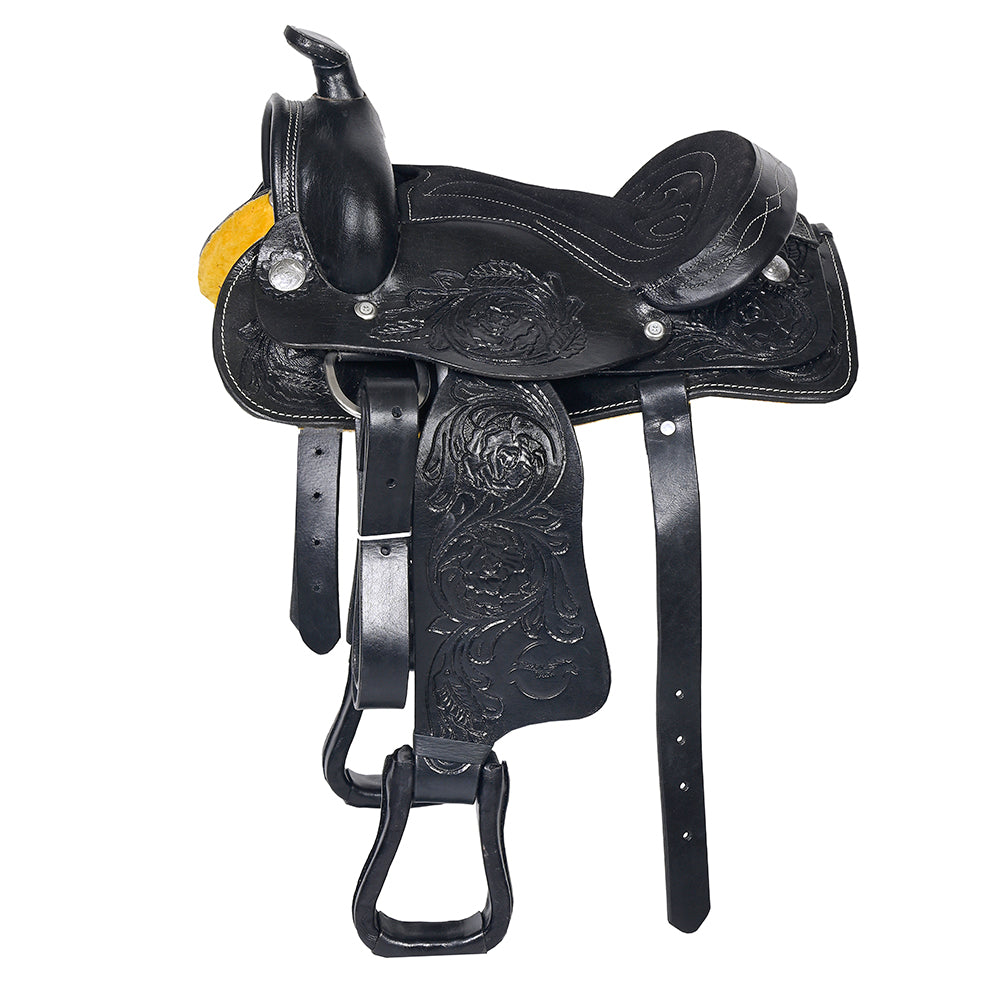 Comfytack Black Western Kids Youth Children Miniature Pony Saddle Leather Trail Tack | Hand Tooled Saddle | Western Saddle | Saddle for Horses | Horse Tack Set