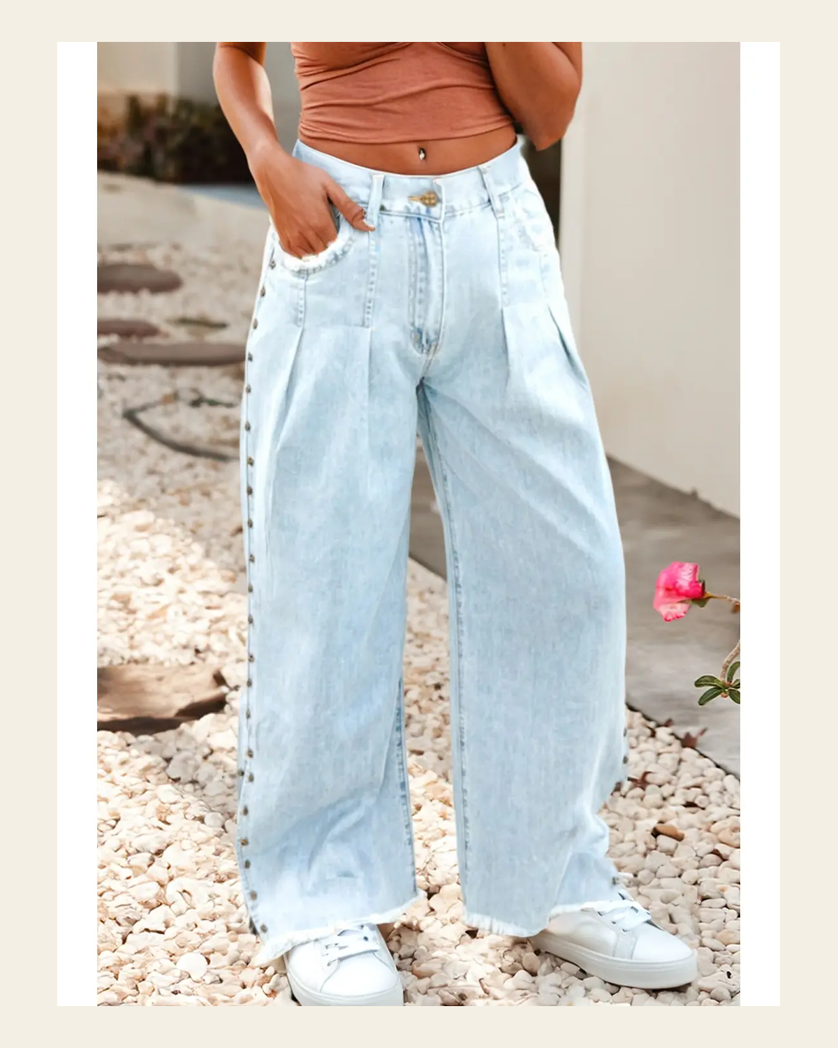 Stacy Side Slit Studded Denim | Jeans on a warm cream background
