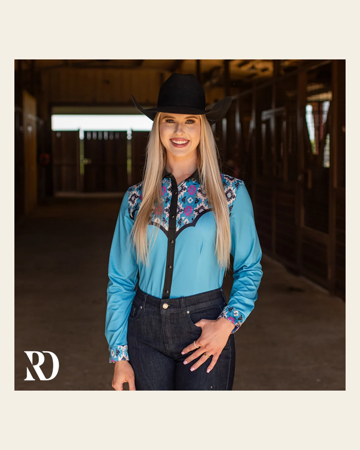 Stampede Aztec Performance Rodeo Shirt on a warm cream background