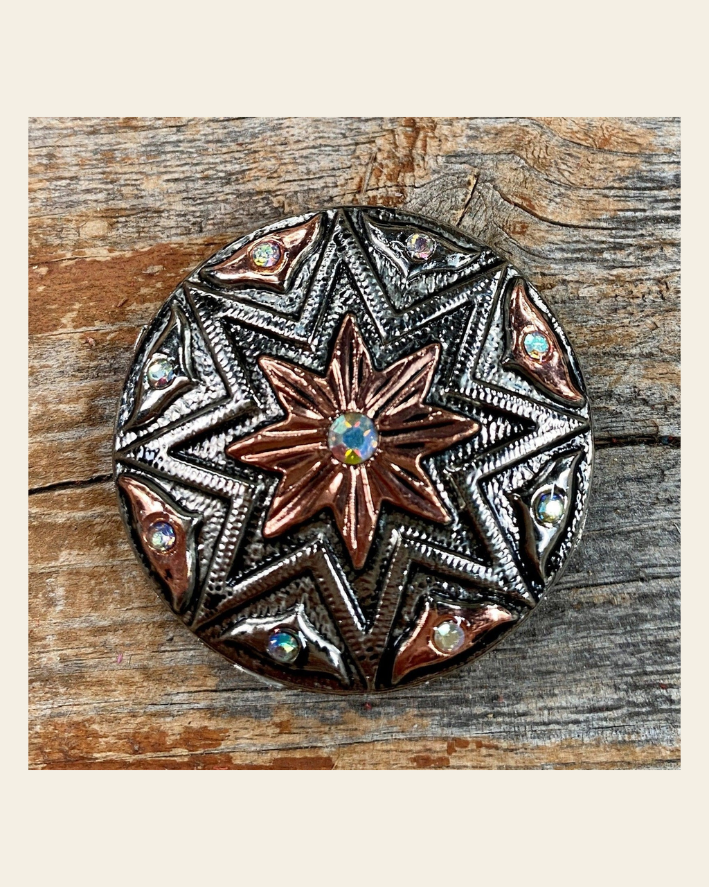 Starburst Antique Silver 1.5" Concho W185L on a warm cream background