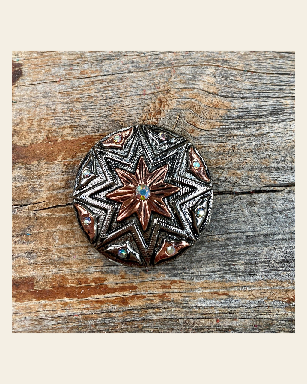Starburst Antique Silver 1" Concho W185S on a warm cream background