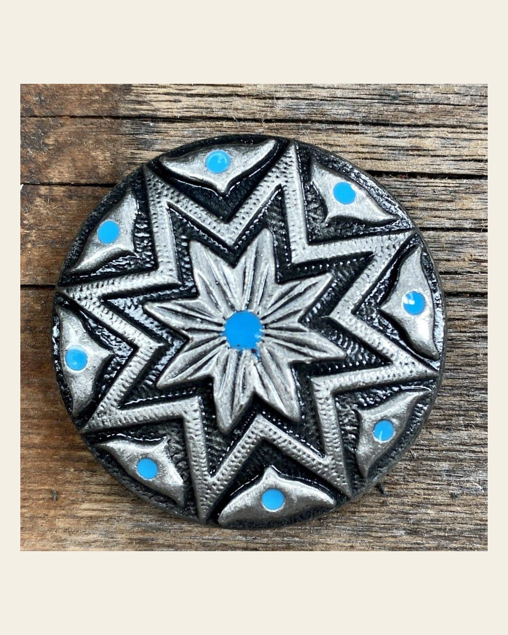 Starburst Antique Silver Turquoise 1.5" Concho W214L on a warm cream background
