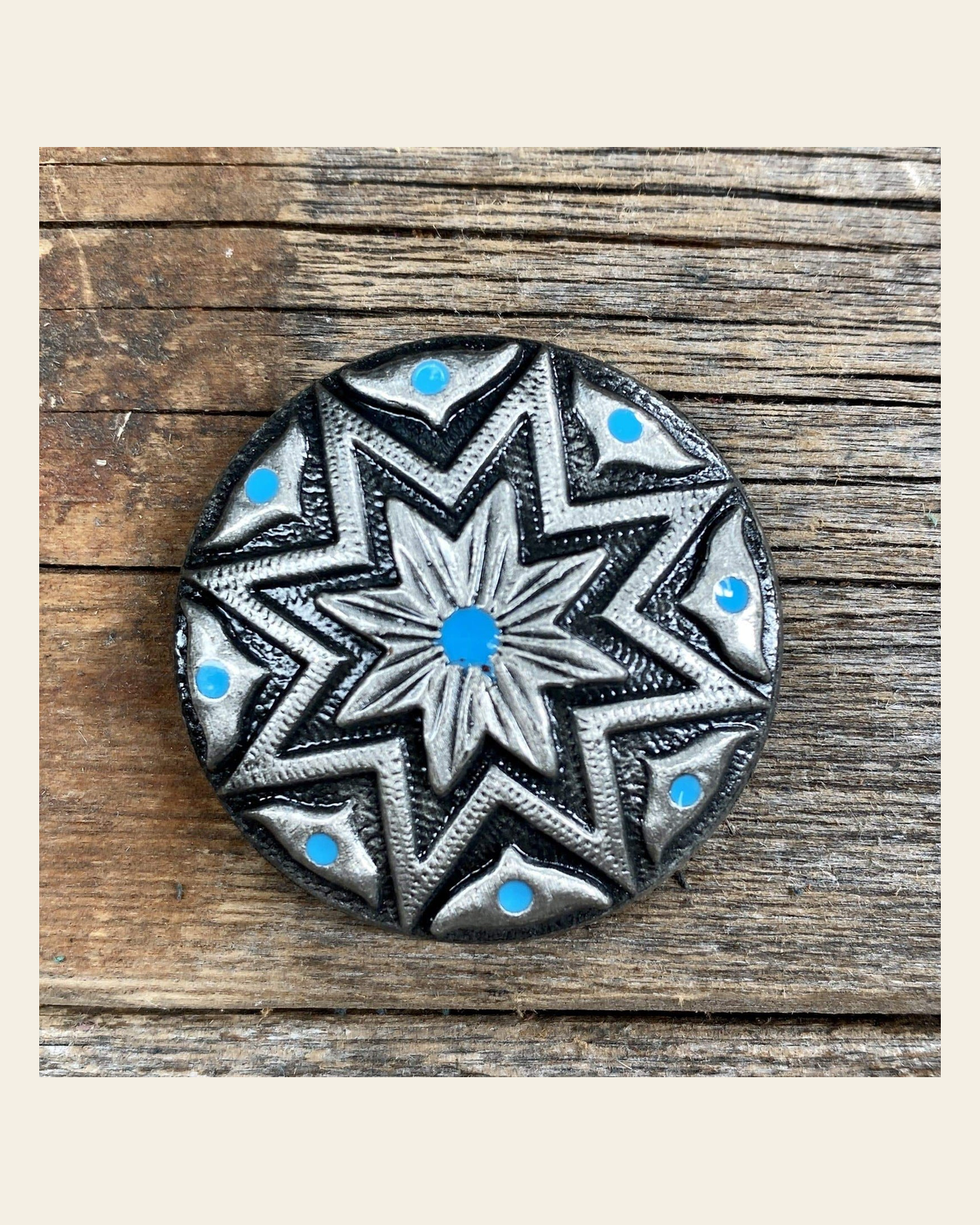 Starburst Antique Silver Turquoise 1" Concho W214S on a warm cream background