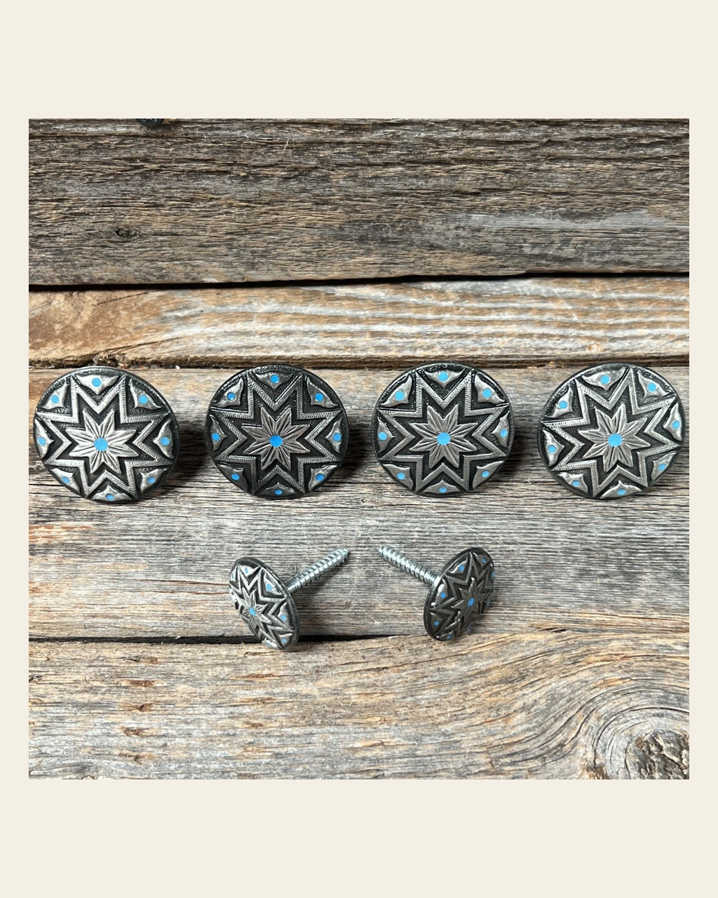 Starburst Antique Silver Turquoise Saddle Set SSW214 on a warm cream background