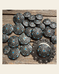 Starburst Antique Silver Turquoise Western Concho W214 on a warm cream background
