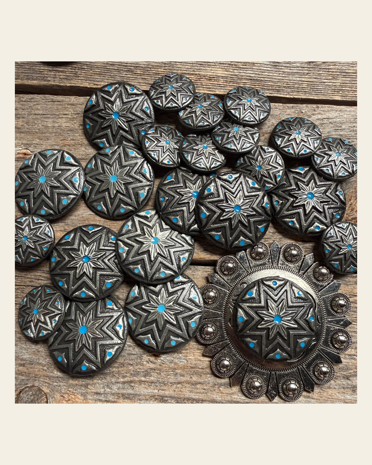 Starburst Antique Silver Turquoise Western Concho W214 on a warm cream background