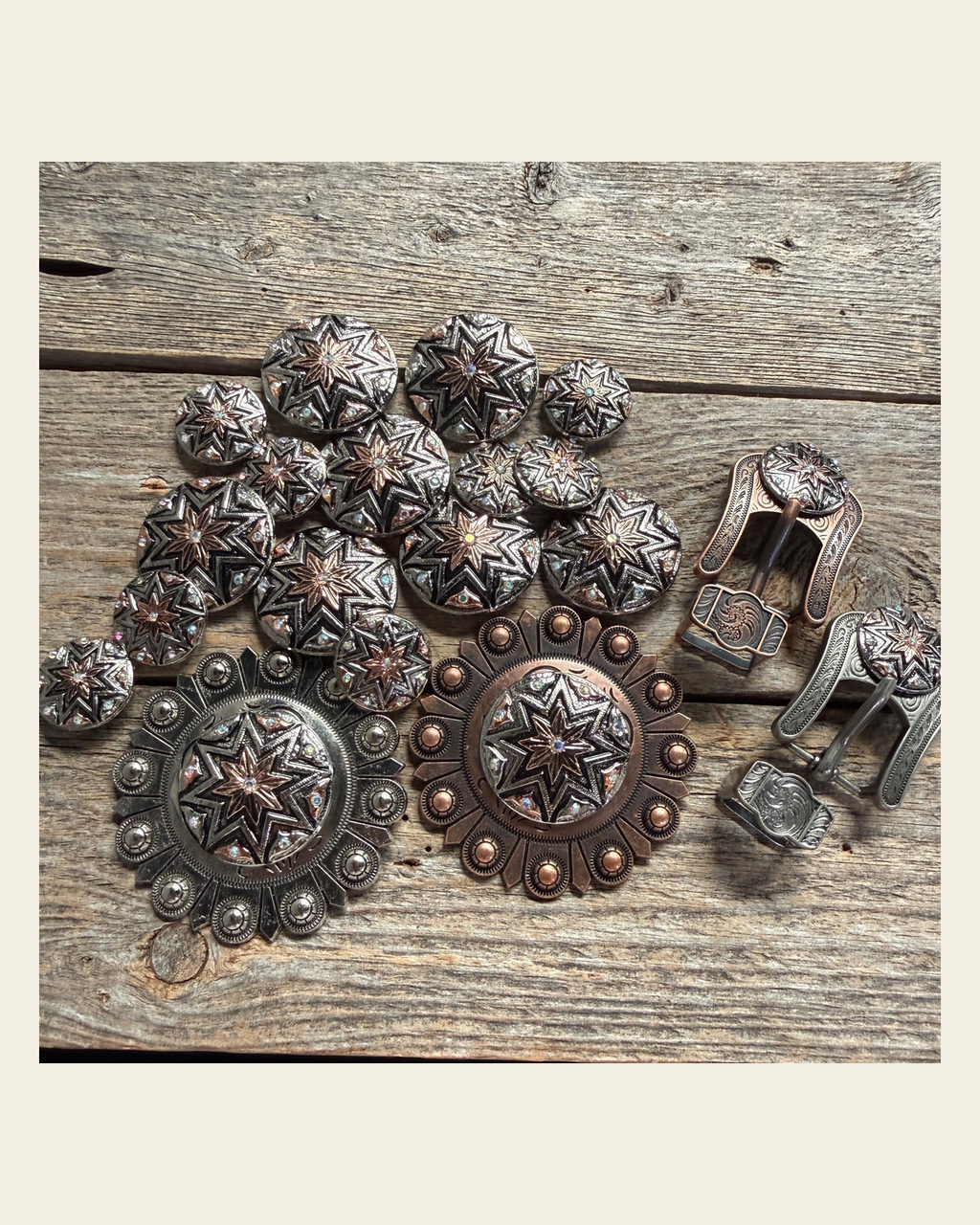 Starburst Antique Silver Western Concho W185 on a warm cream background