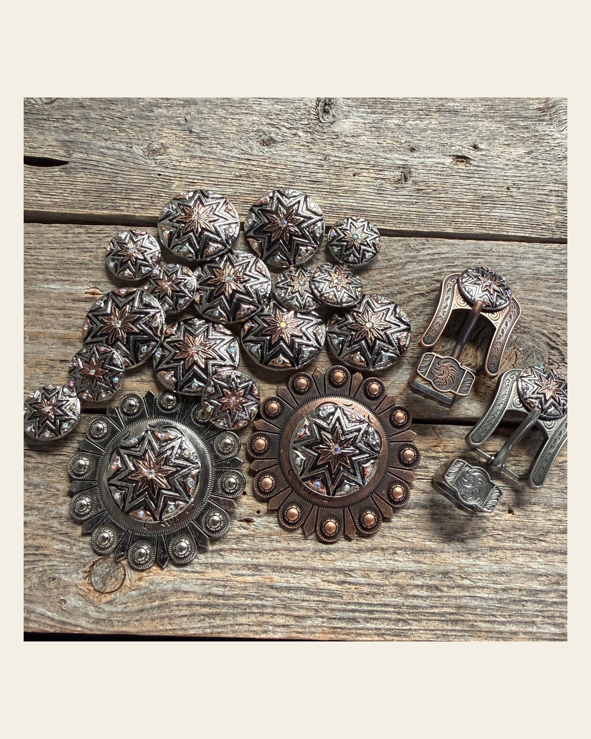 Starburst Antique Silver Western Concho W185 on a warm cream background