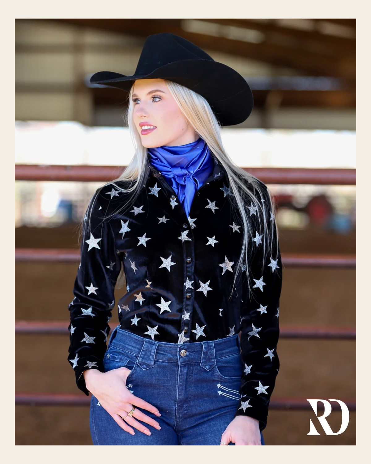 Stars At Night Velvet Performance Rodeo Shirt on a warm cream background
