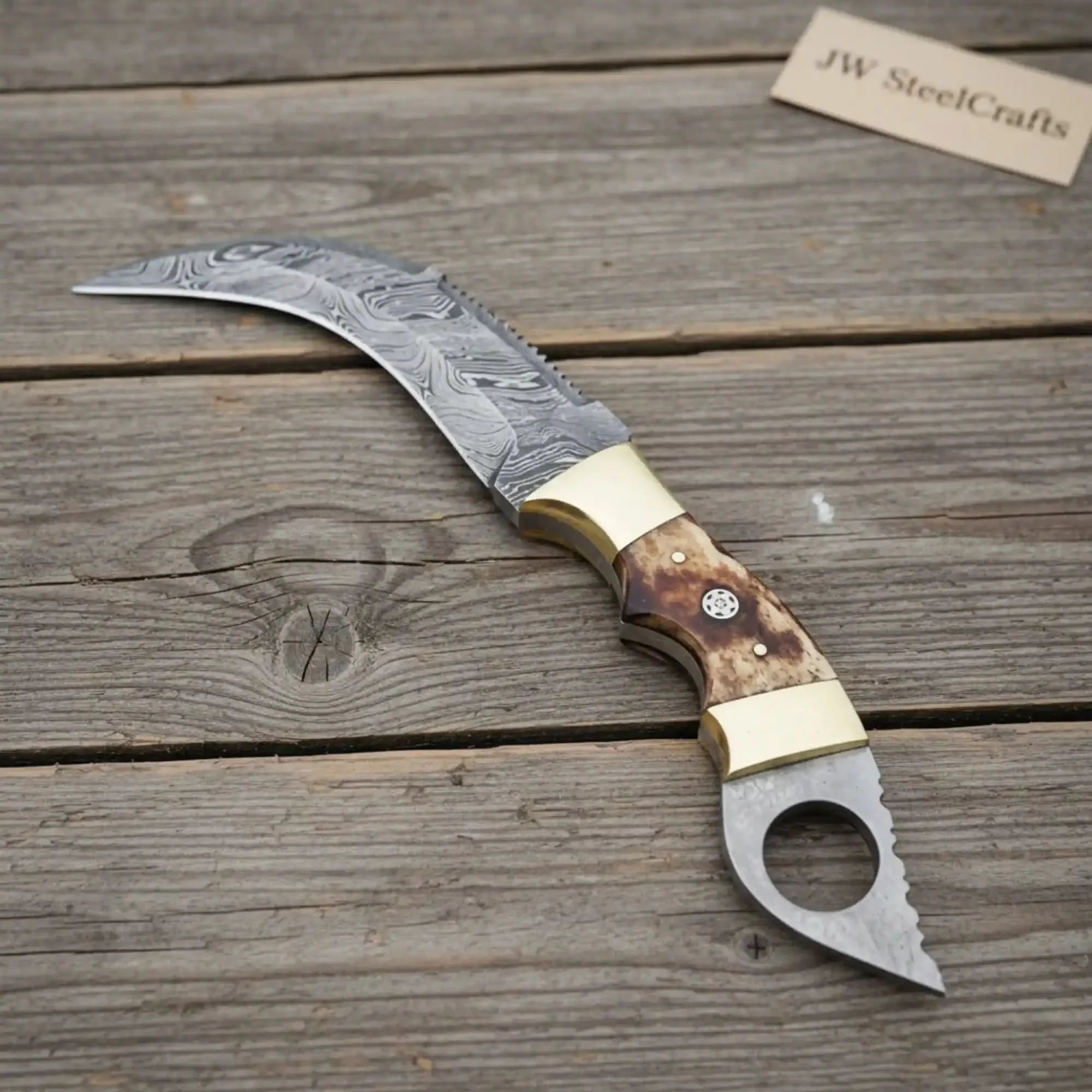 Damascus Steel Knife with Burned Bone Handle & Brass Bolster