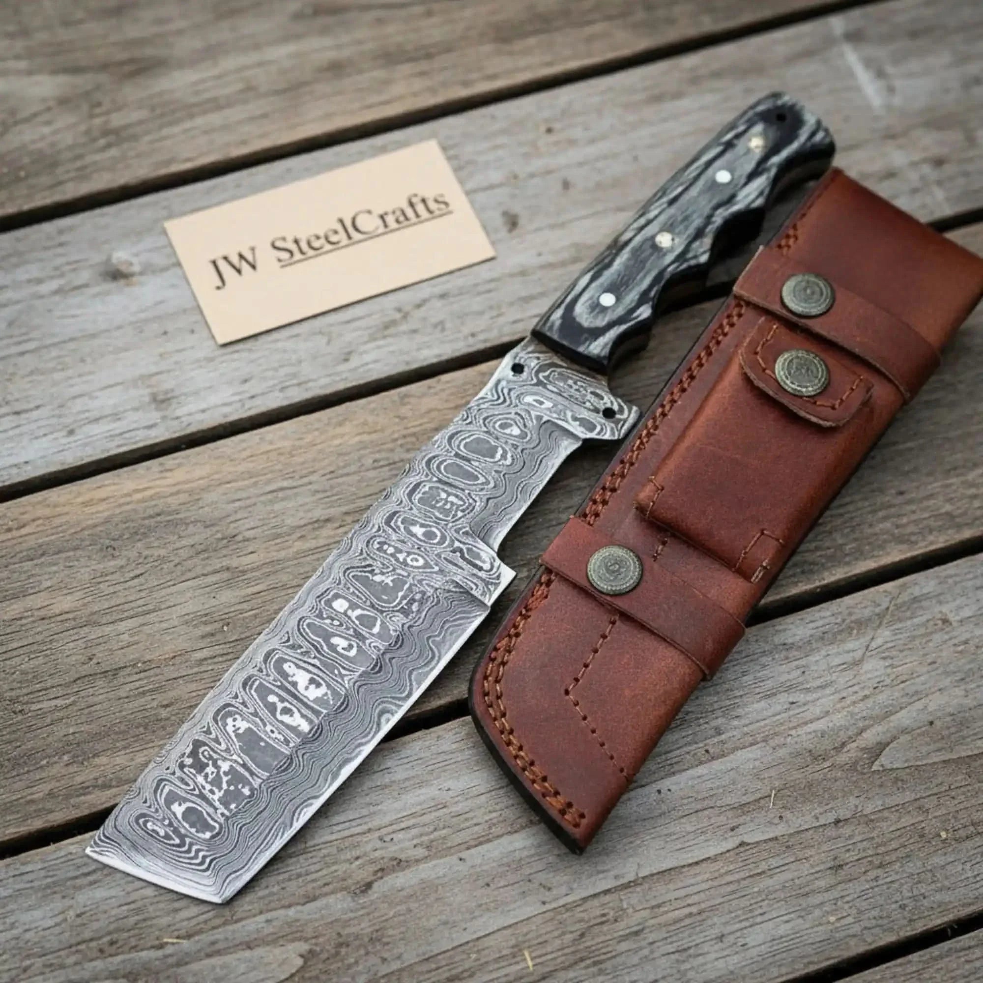 Handmade Damascus Steel Tracker Knife with Leather Sheath & Wooden Handle