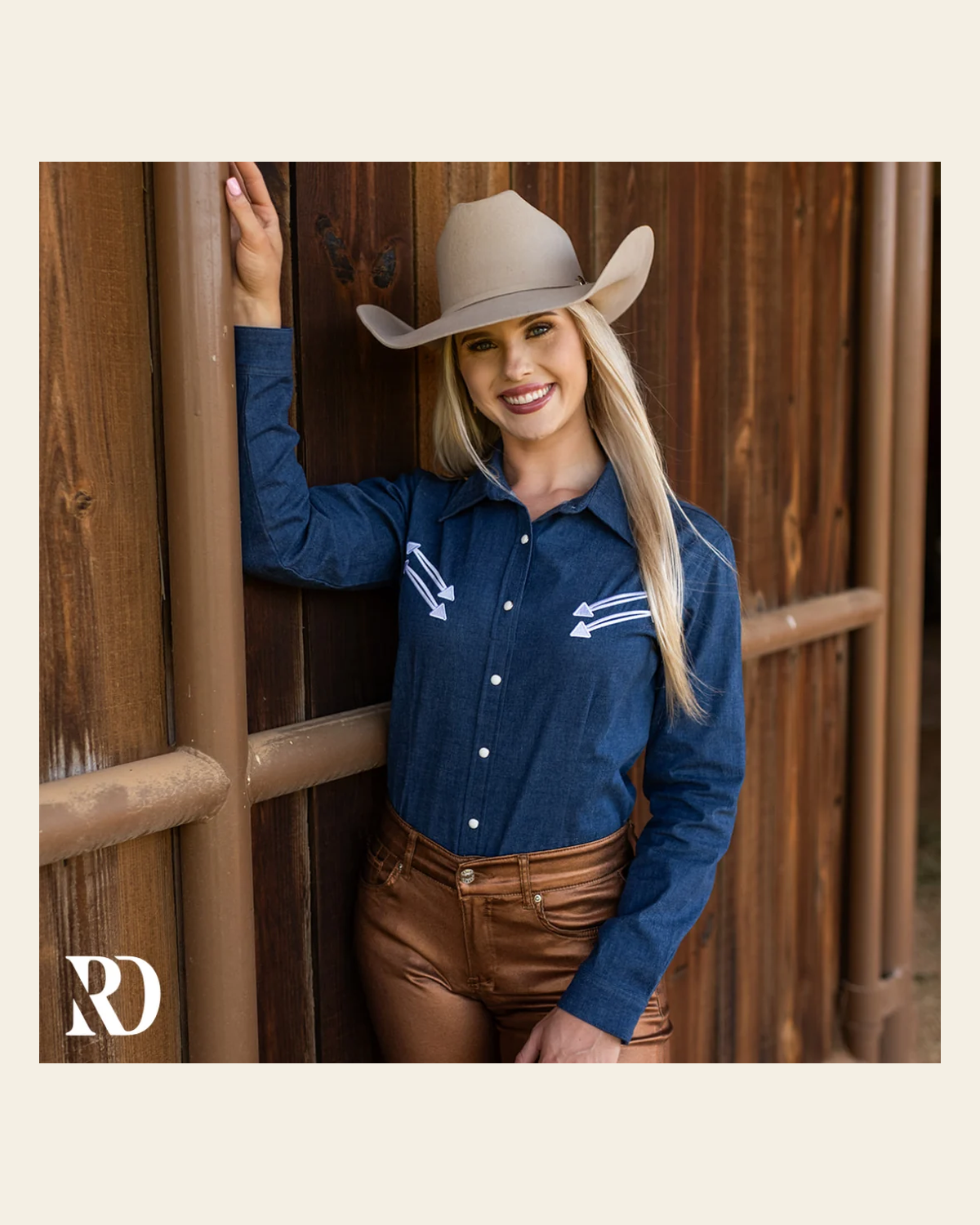 Stretch Denim Stitched Performance Rodeo Shirt on a warm cream background