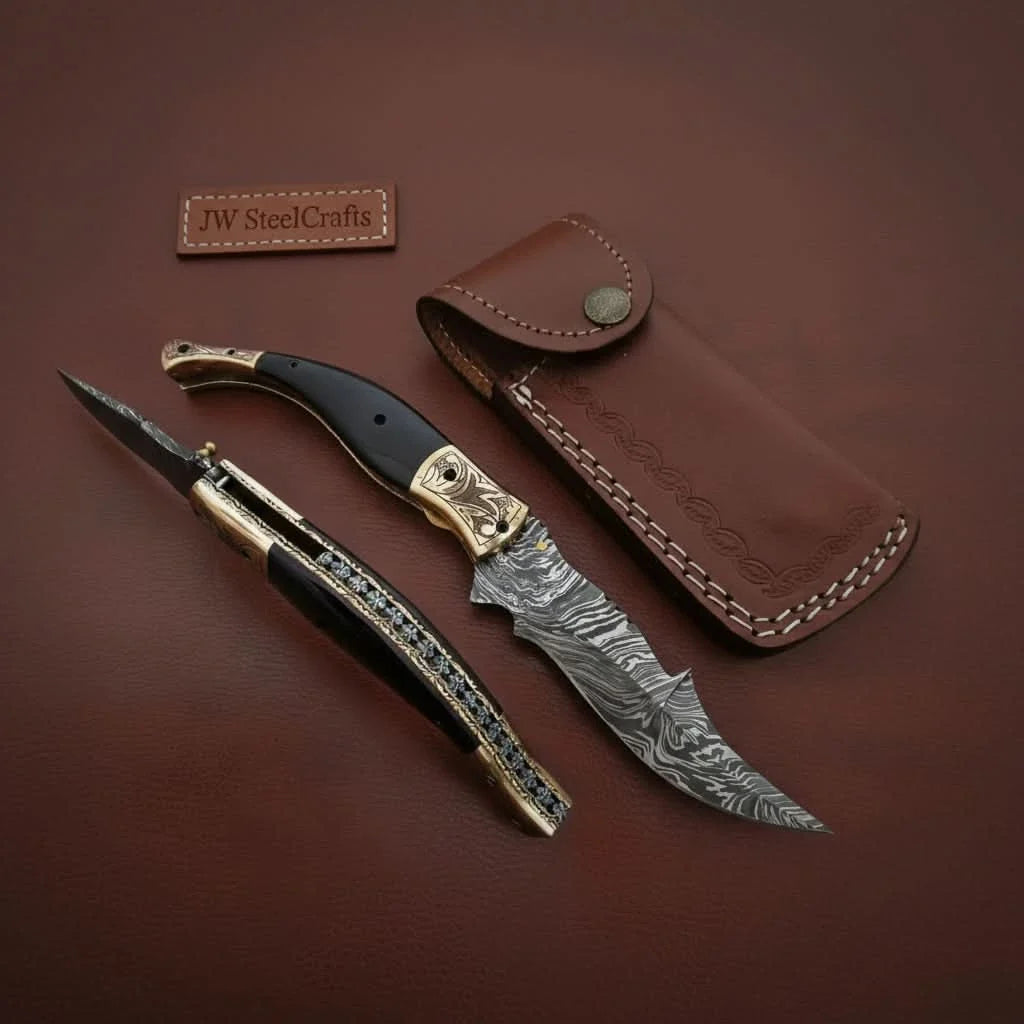 Handmade Damascus Steel Folding Knife with Teal Handle, Engraved Bolster & Leather Sheath
