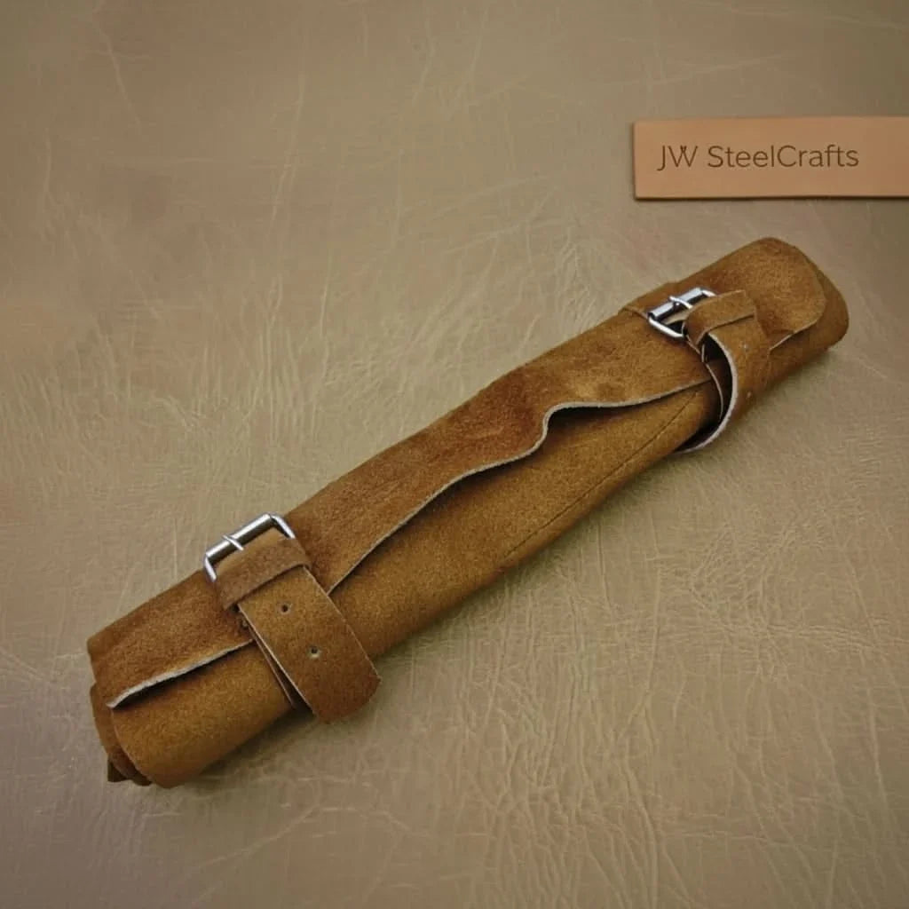 5-Piece Damascus Knife Set Orange Black Pakka Wood Handles with Hammered Tsuchime Blades
