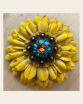 Sunflower With Copper Fire Opal & Teal 1" Concho on a warm cream background