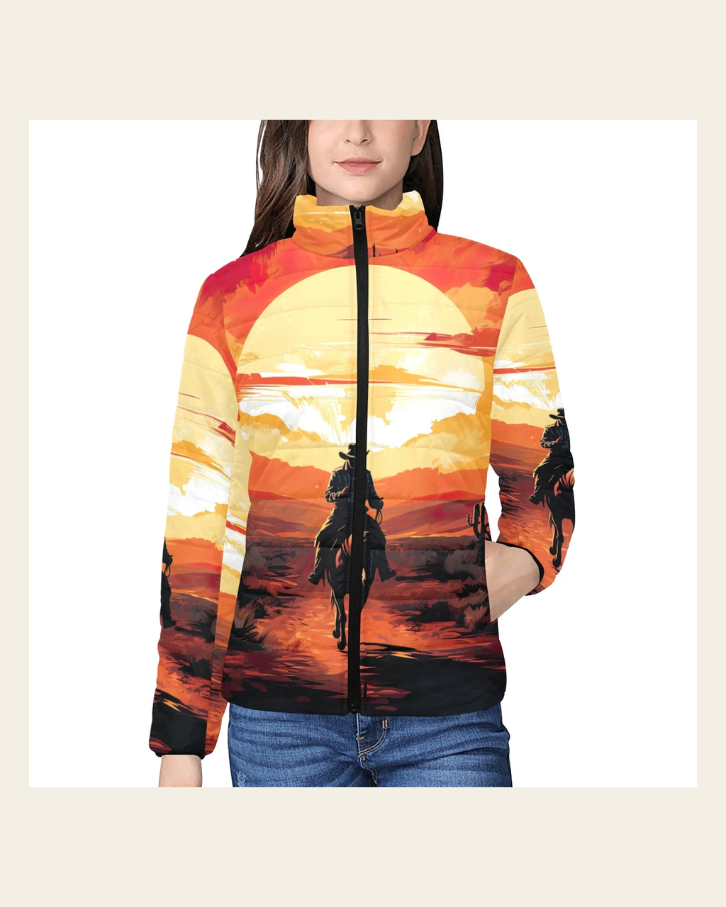 Sunset Cowboy Desert Women's Puffy Bomber Jacket on a warm cream background