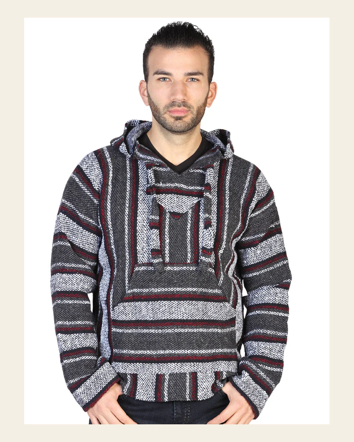 Artisanal Mexican Sweatshirt 100% Acrylan Gray 602556 on a warm cream background