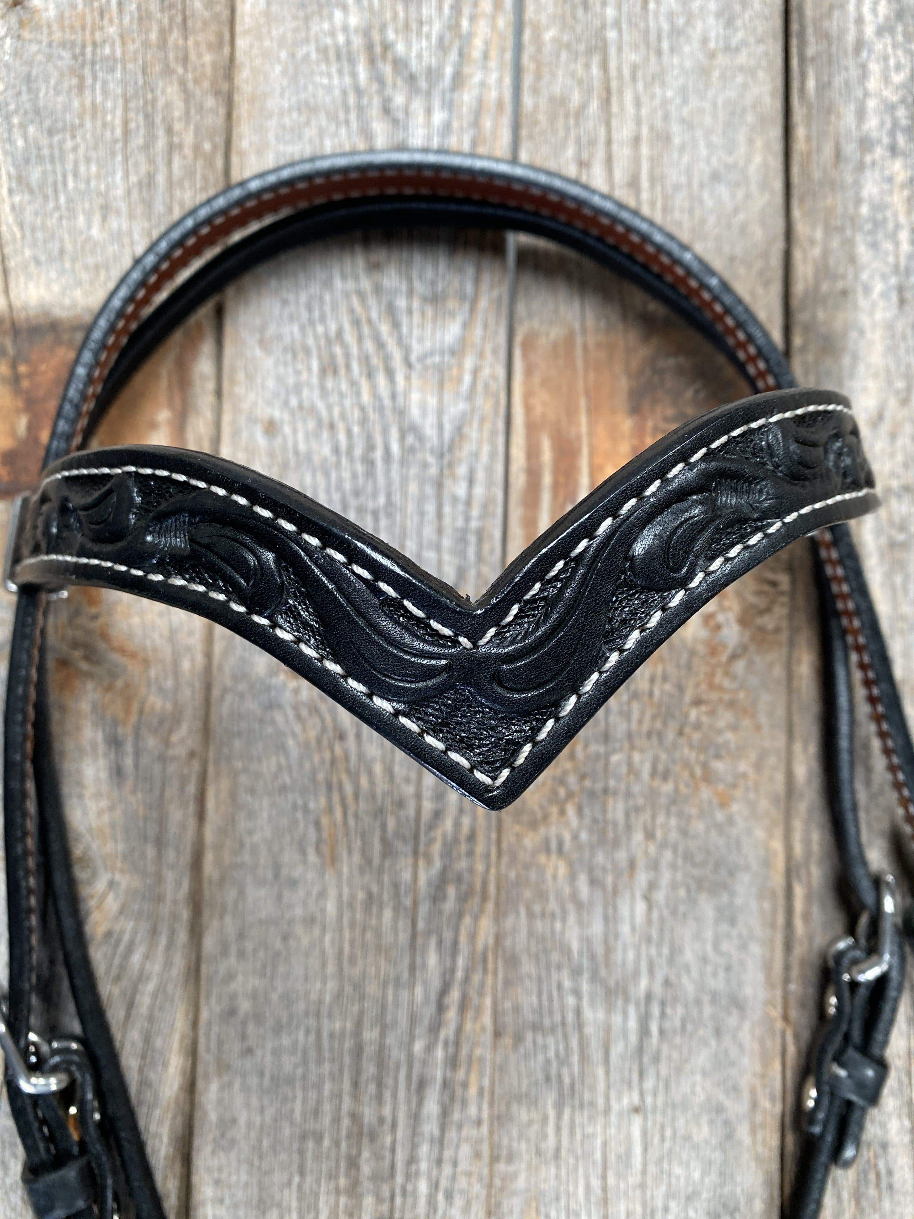 Floral V Browband Black Headstall / Bridle — view 3