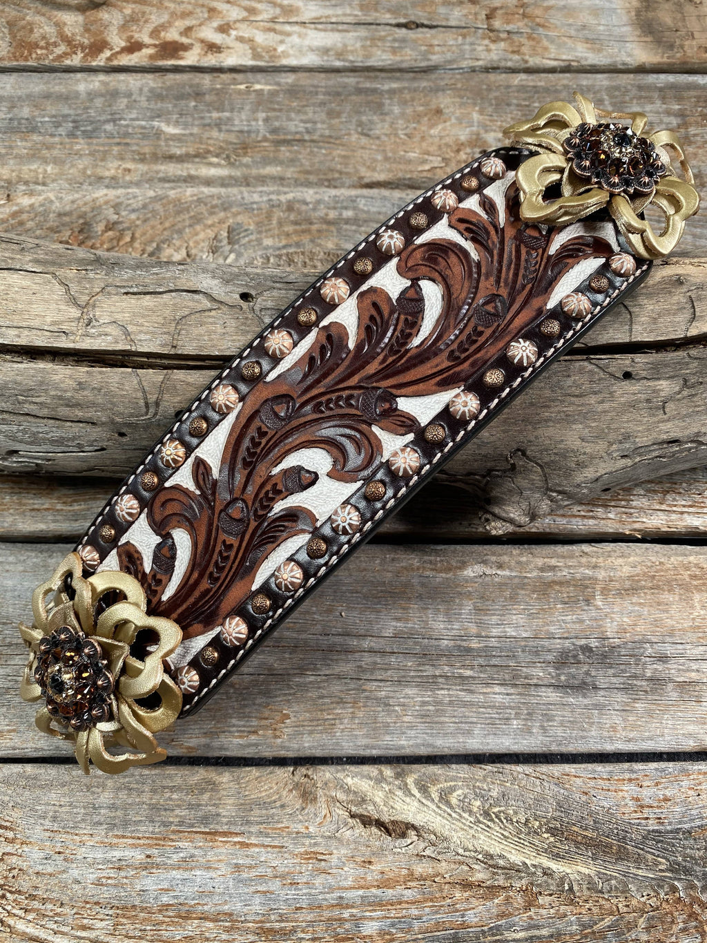 Medium Oil Copper Dot Bronc Noseband with Gold Lotus Flowers - Copper Jet, Champagne and Topaz European Crystal Conchos