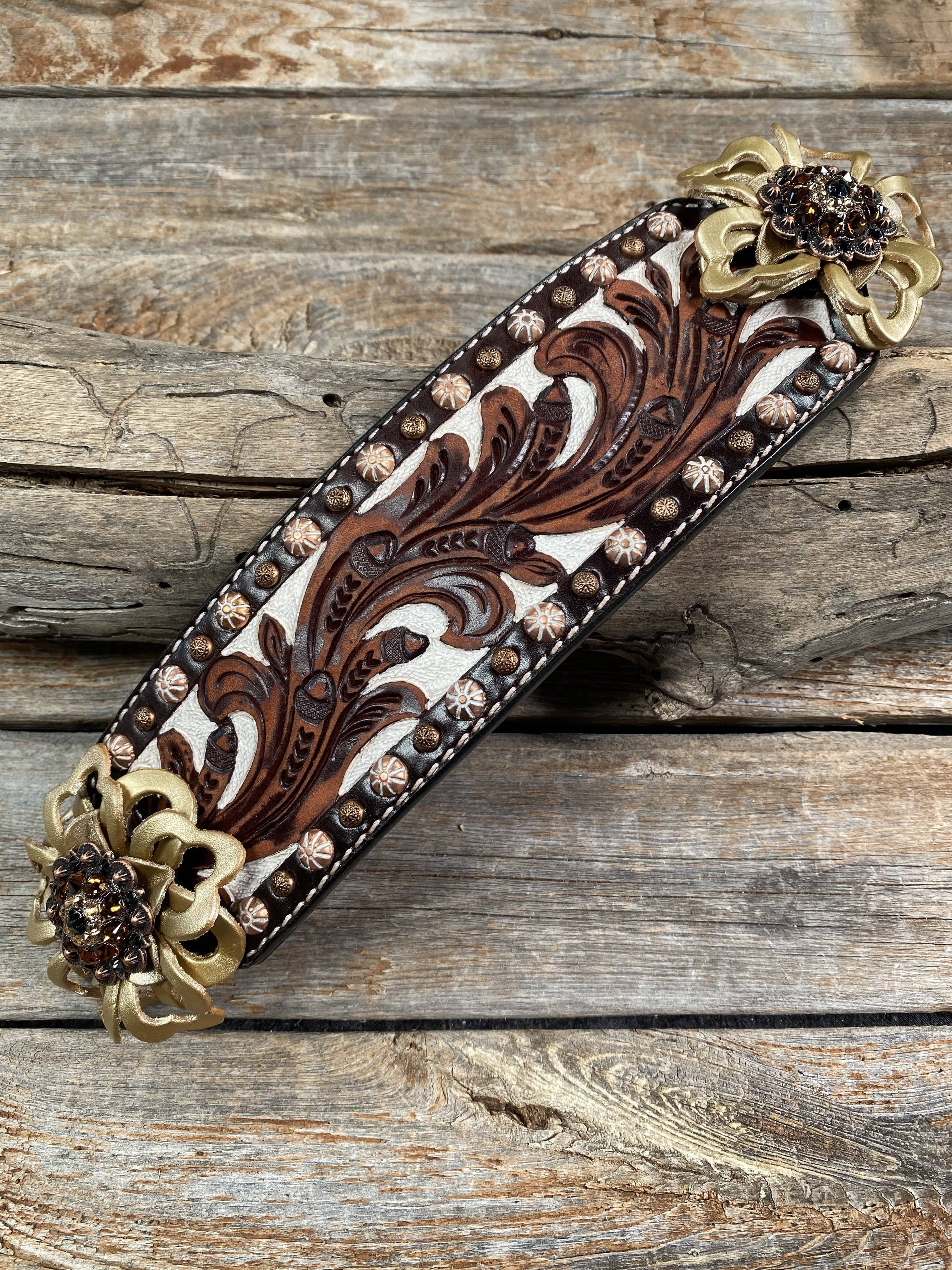 Medium Oil Copper Dot Bronc Noseband with Gold Lotus Flowers - Copper Jet, Champagne and Topaz European Crystal Conchos