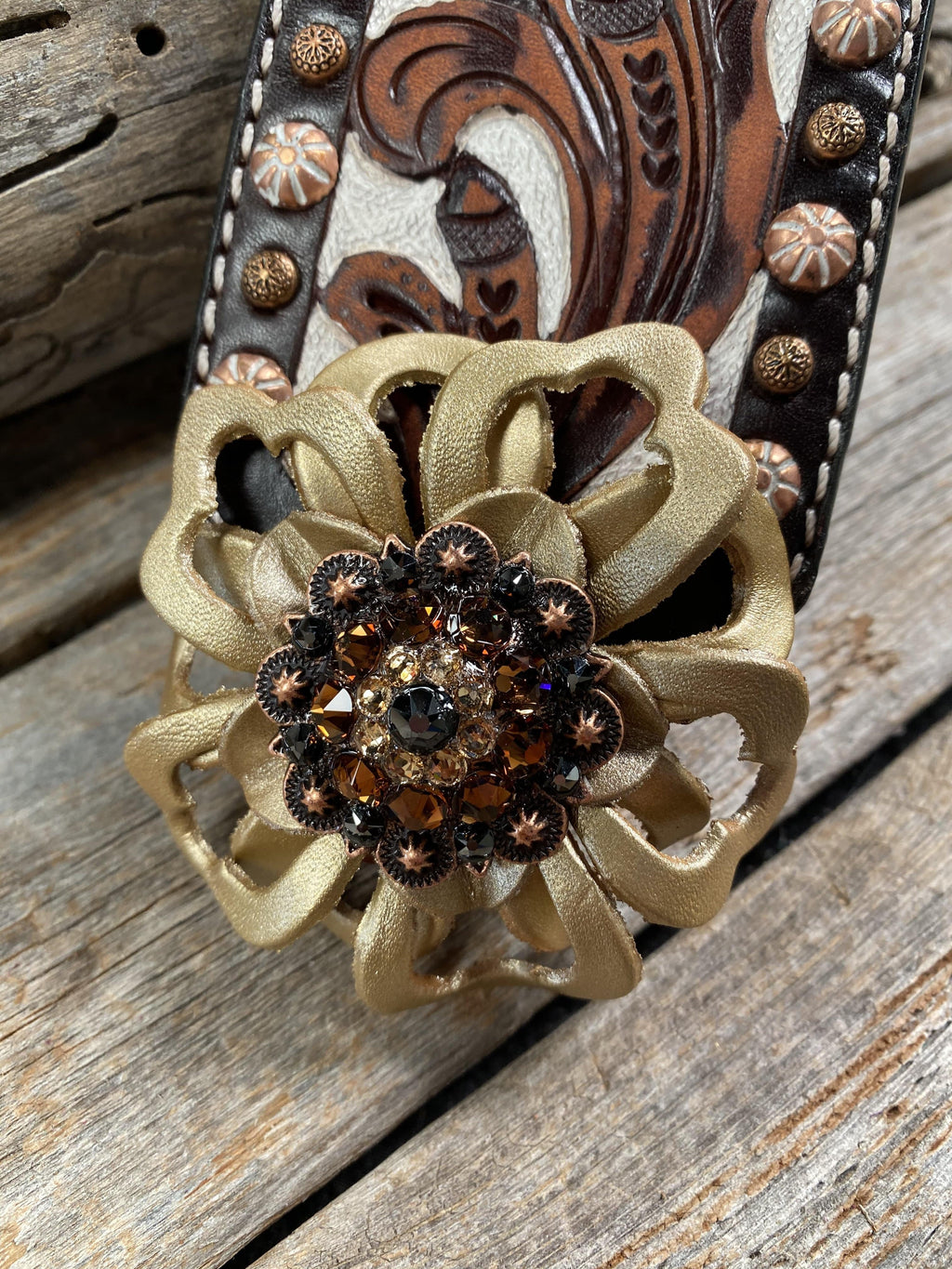 Medium Oil Copper Dot Bronc Noseband with Gold Lotus Flowers - Copper Jet, Champagne and Topaz European Crystal Conchos