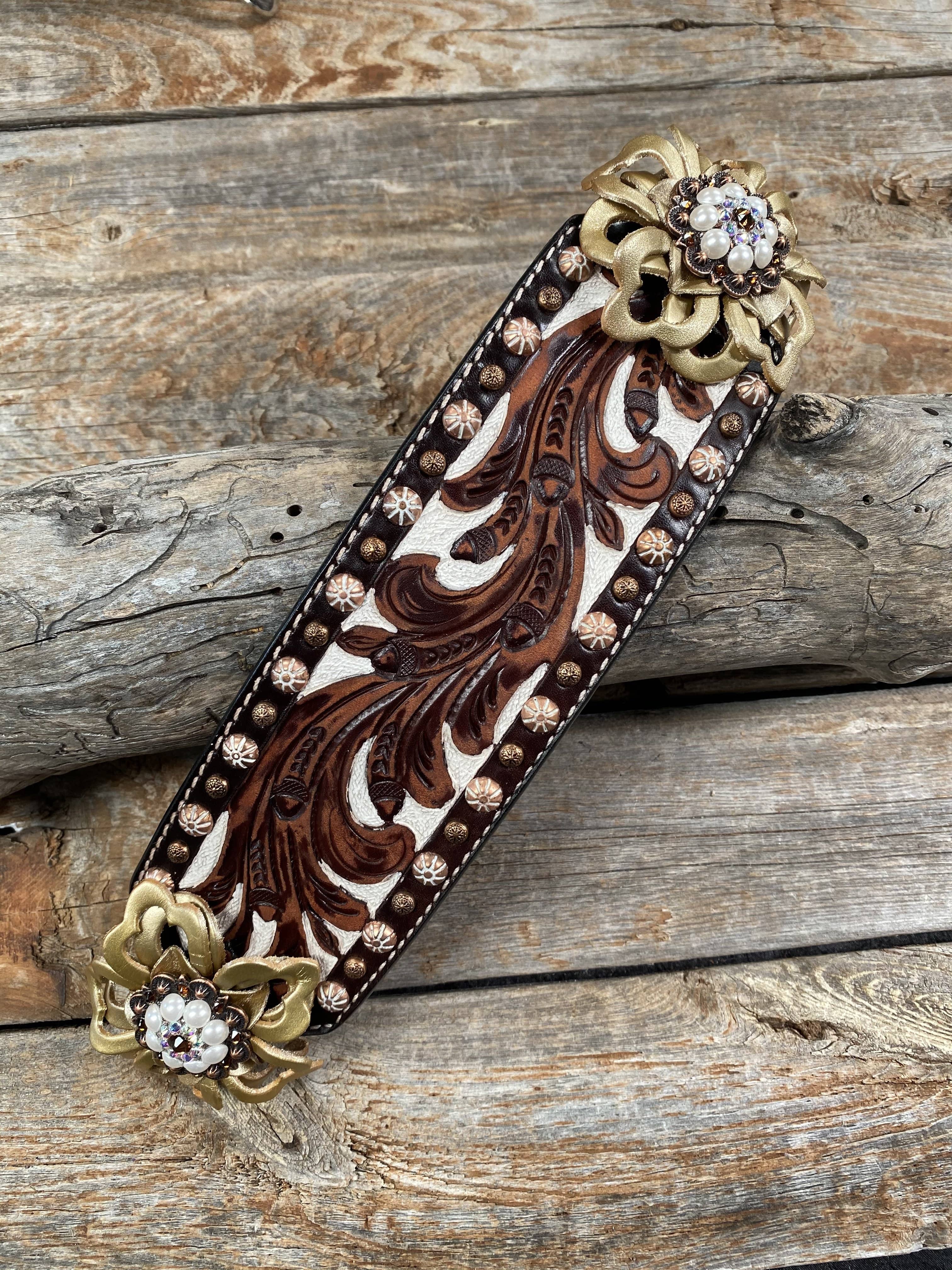 Medium Oil Copper Dot Bronc Noseband with Gold Lotus Flowers / Copper Topaz, AB, Peal European Crystal Conchos