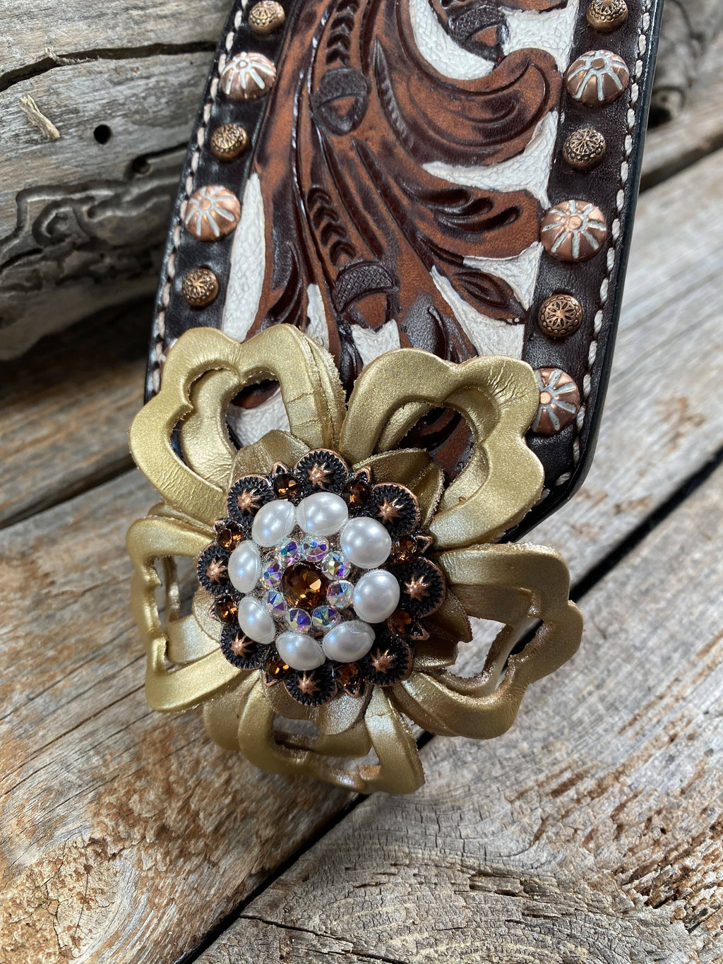 Medium Oil Copper Dot Bronc Noseband with Gold Lotus Flowers / Copper Topaz, AB, Peal European Crystal Conchos — view 2