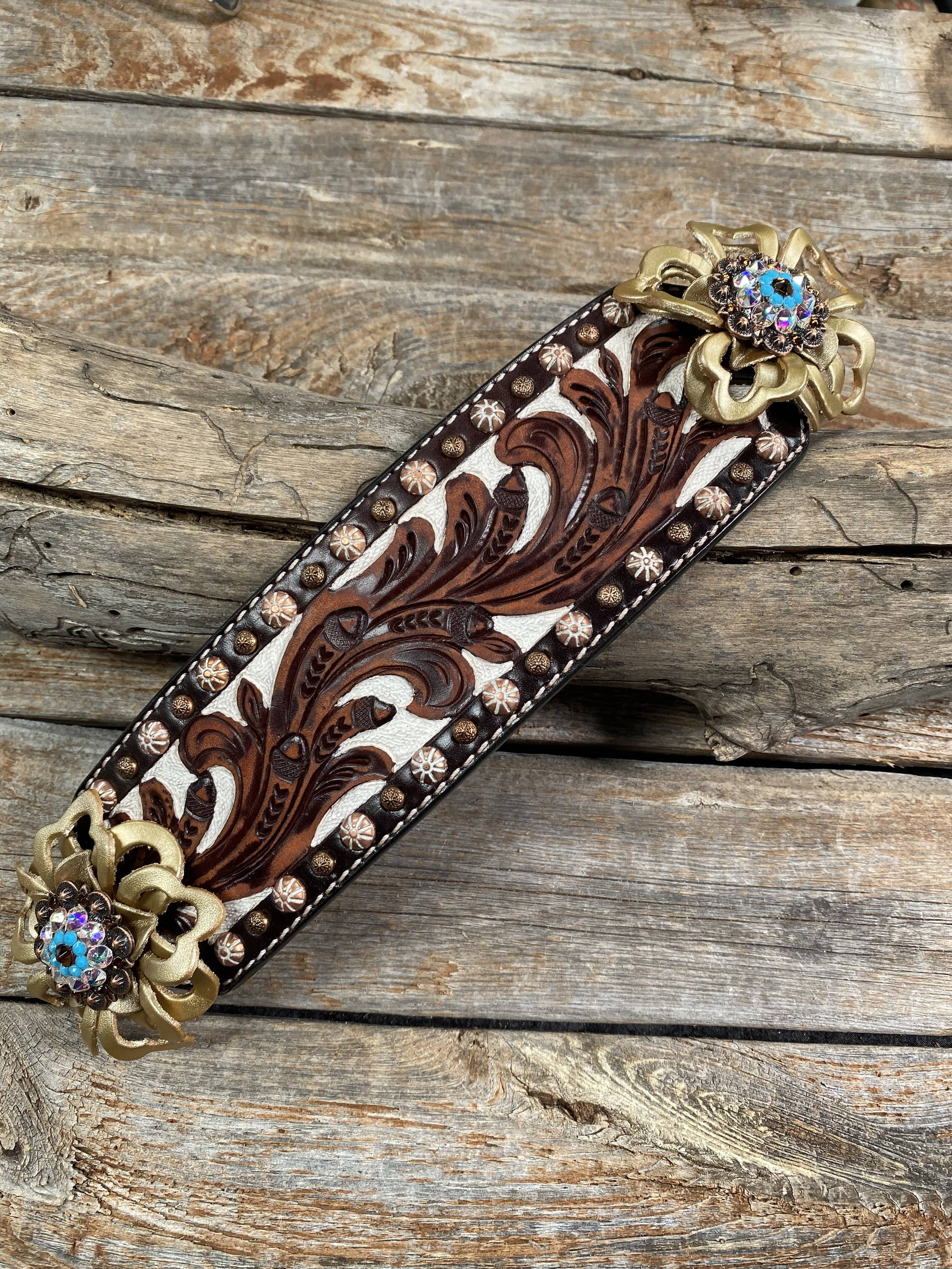 Medium Oil Copper Dot Bronc Noseband with Gold Lotus Flowers / Copper Topaz, Turquoise and AB European Crystal Conchos