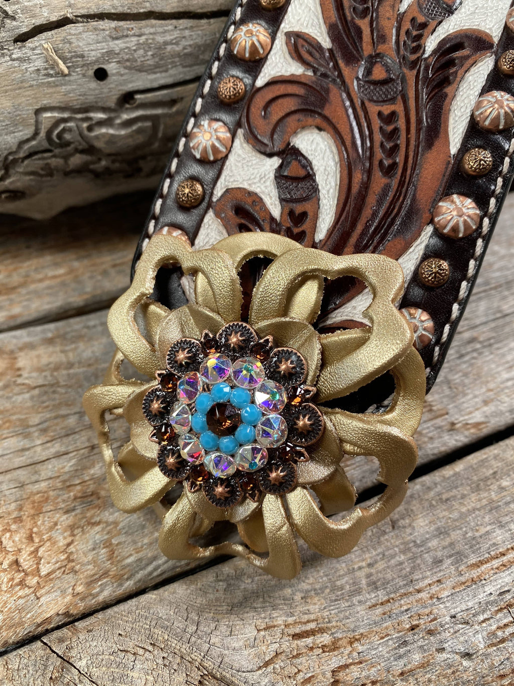 Medium Oil Copper Dot Bronc Noseband with Gold Lotus Flowers / Copper Topaz, Turquoise and AB European Crystal Conchos — view