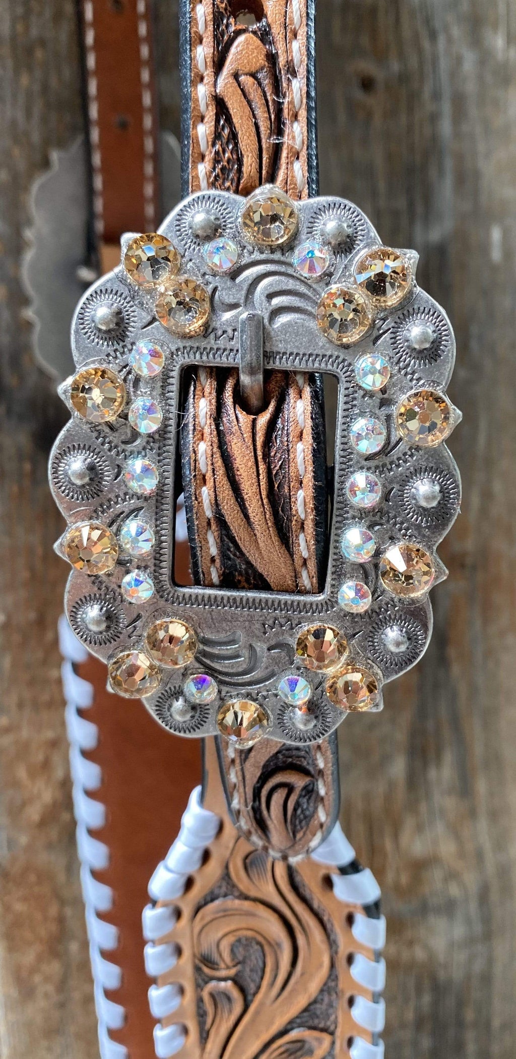 Whip Stitch One Ear Headstall / Bridle - Yellow Roses & European Conchos #OE286 — view 4