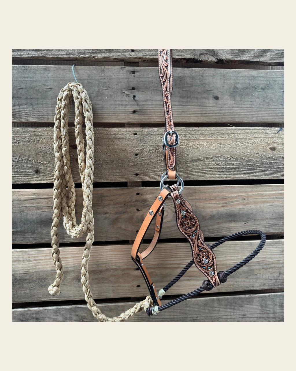 Brown Floral Tooled Lariat & Leather Combo Halter on a warm cream background