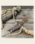 Tan Mule Tape Halter - Cow Hide and Clear #MT211 on a warm cream background