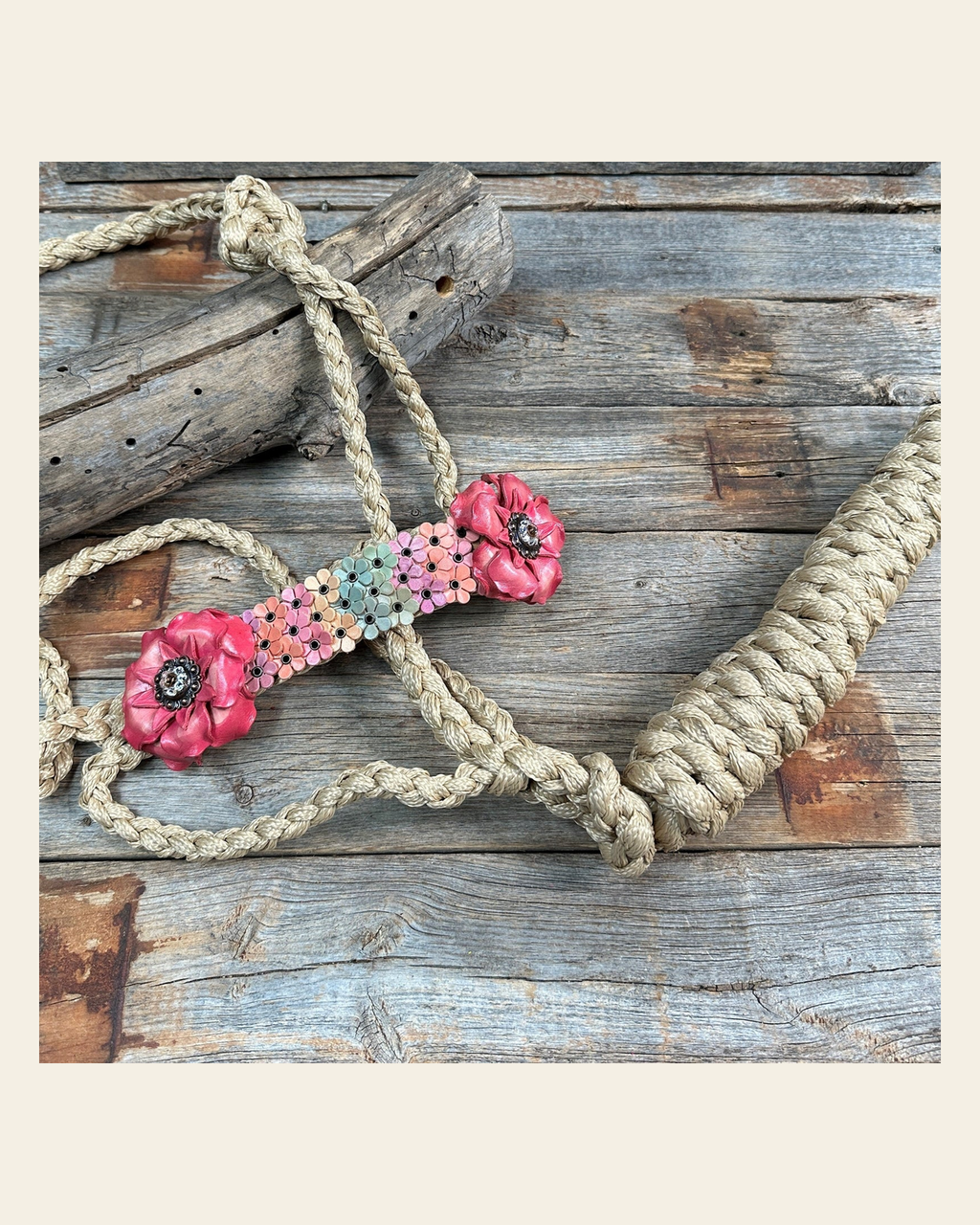 Tan Mule Tape Halter - Multi Floral and Clear #MT227 on a warm cream background