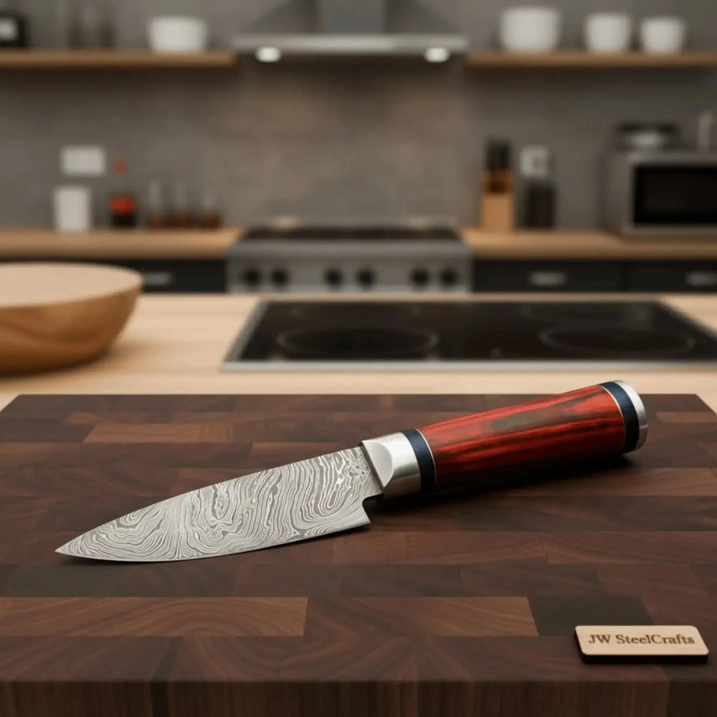 Handmade Damascus Petty Knife – 4-Inch Blade | Red Pakkawood Handle & Steel Bolster | 8" Overall