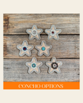 Tan Small Star Rhinestone Rosette - Assorted Conchos on a warm cream background