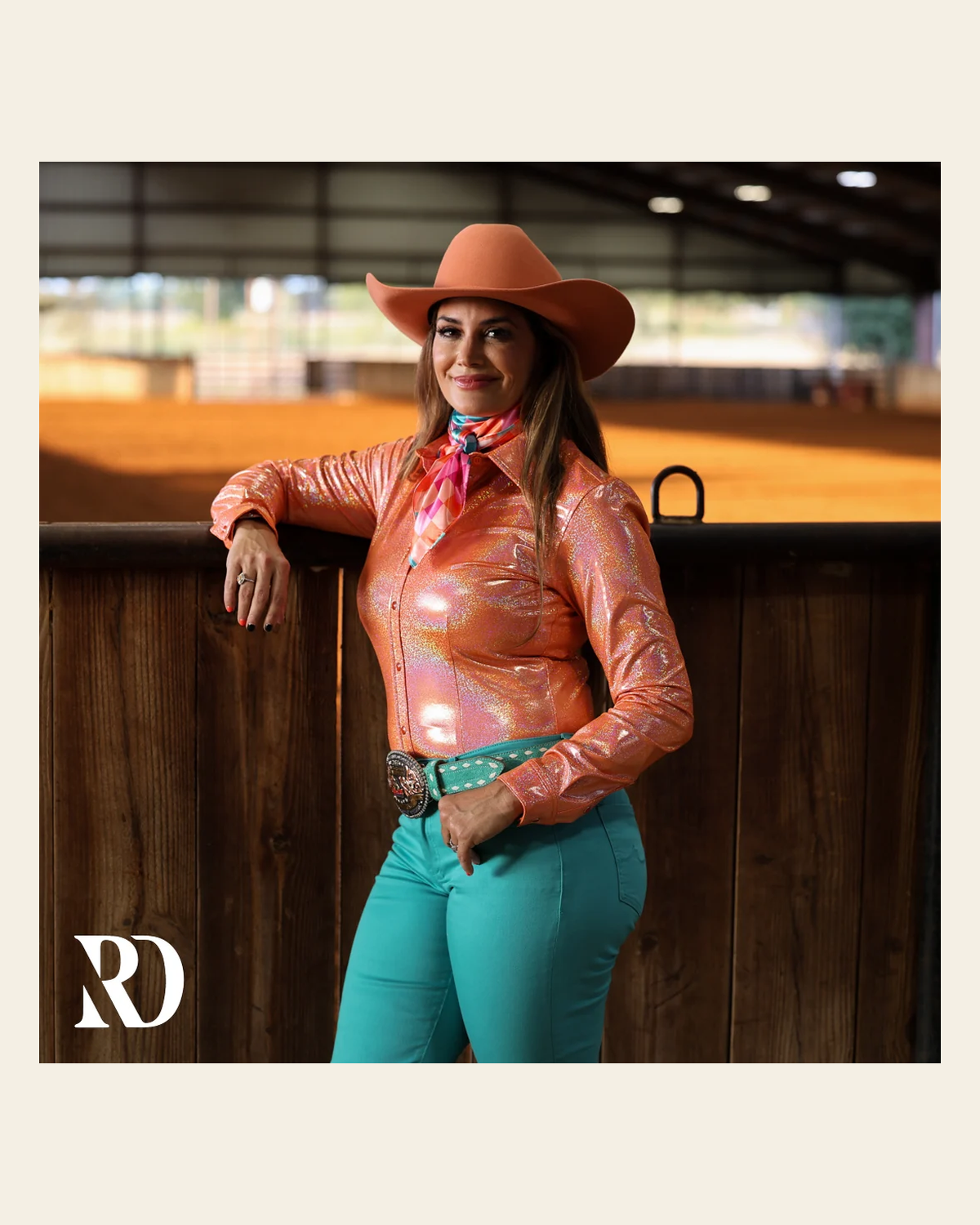 Tangerine Sparkle Performance Rodeo Shirt on a warm cream background