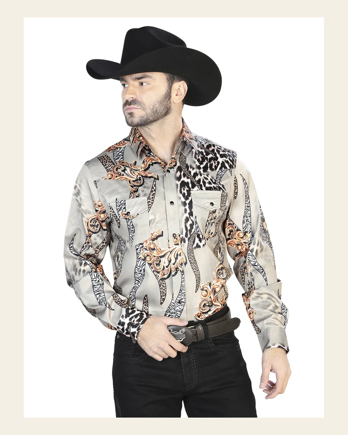 Taupe Casual Long Sleeve Shirt 44102 on a warm cream background