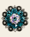 Teal & AB Antique Silver 1.25" European Crystal Concho on a warm cream background