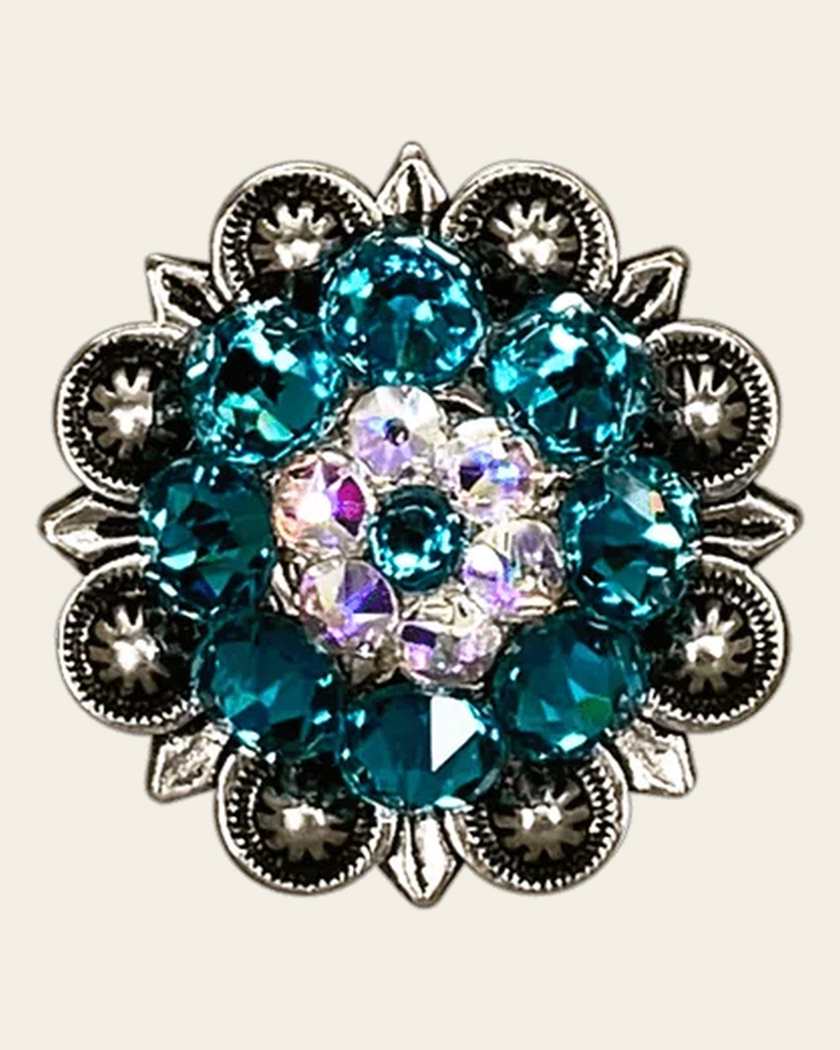 Teal & AB Antique Silver 1.25" European Crystal Concho on a warm cream background
