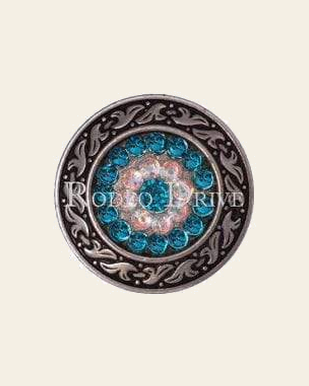 Teal & AB Antique Silver 1.5" Disc European Crystal Concho on a warm cream background