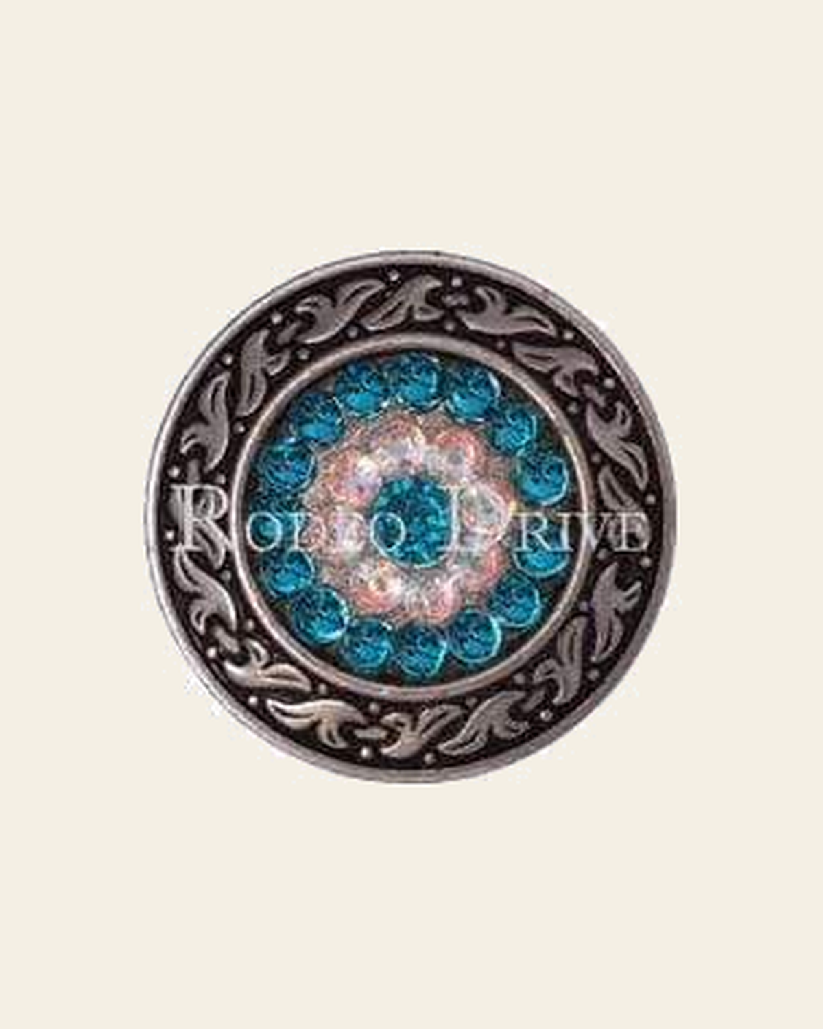 Teal & AB Antique Silver 1.5" Disc European Crystal Concho on a warm cream background