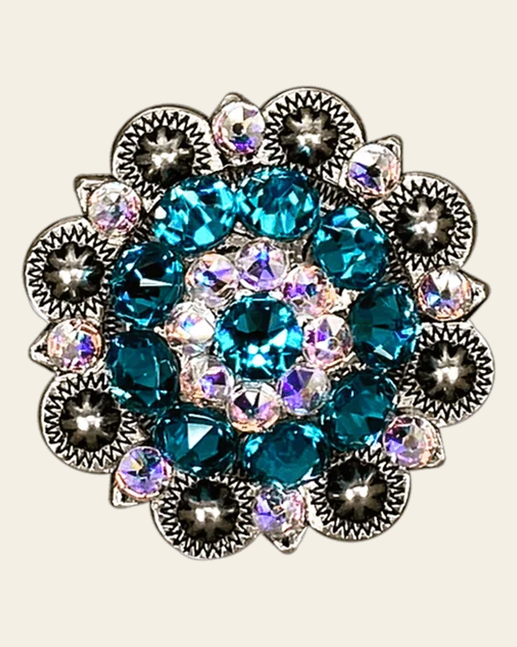 Teal & AB Antique Silver 1.5" European Crystal Concho on a warm cream background