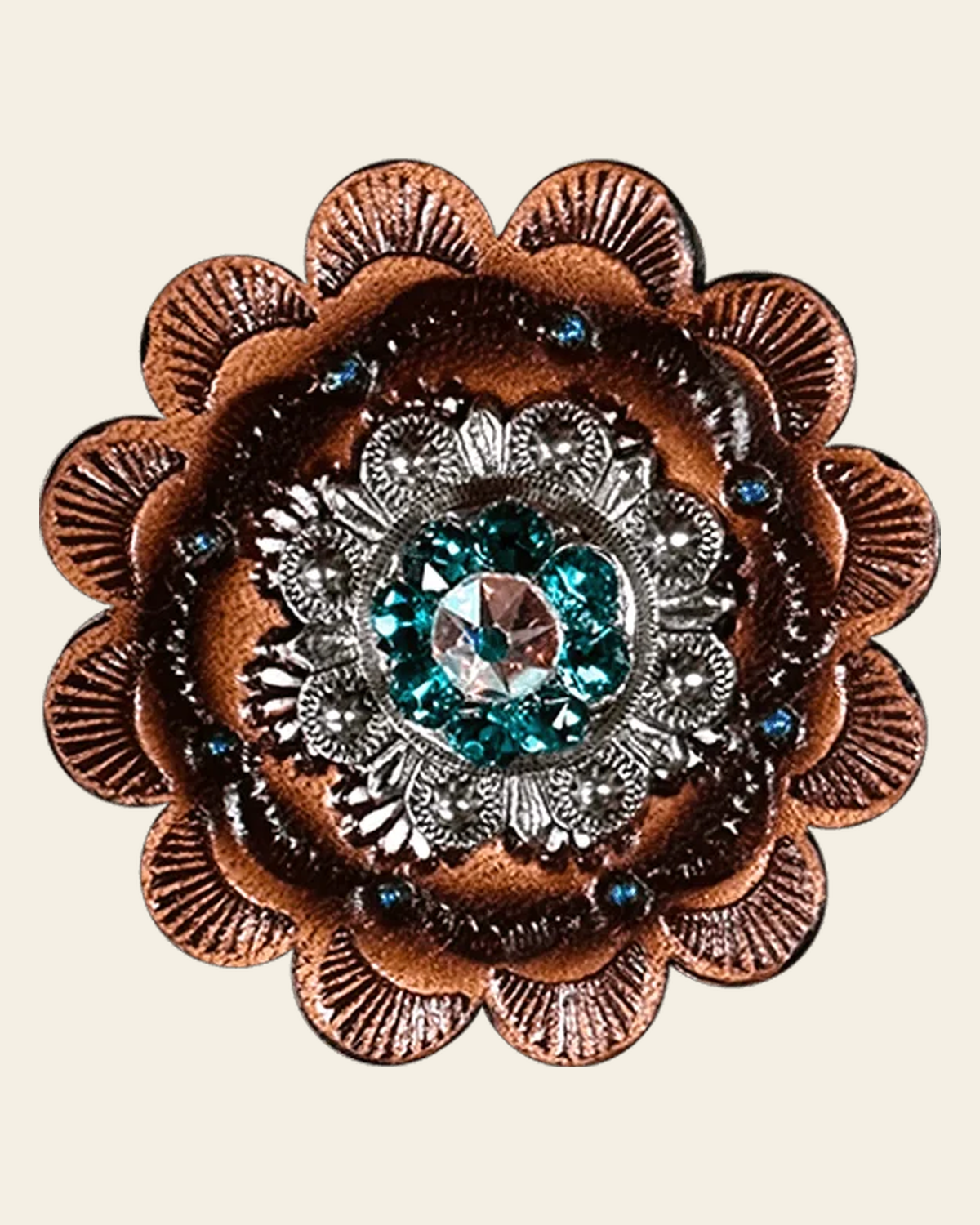 Teal & AB Antique Silver 1" European Crystal Concho and Leather Rosette on a warm cream background